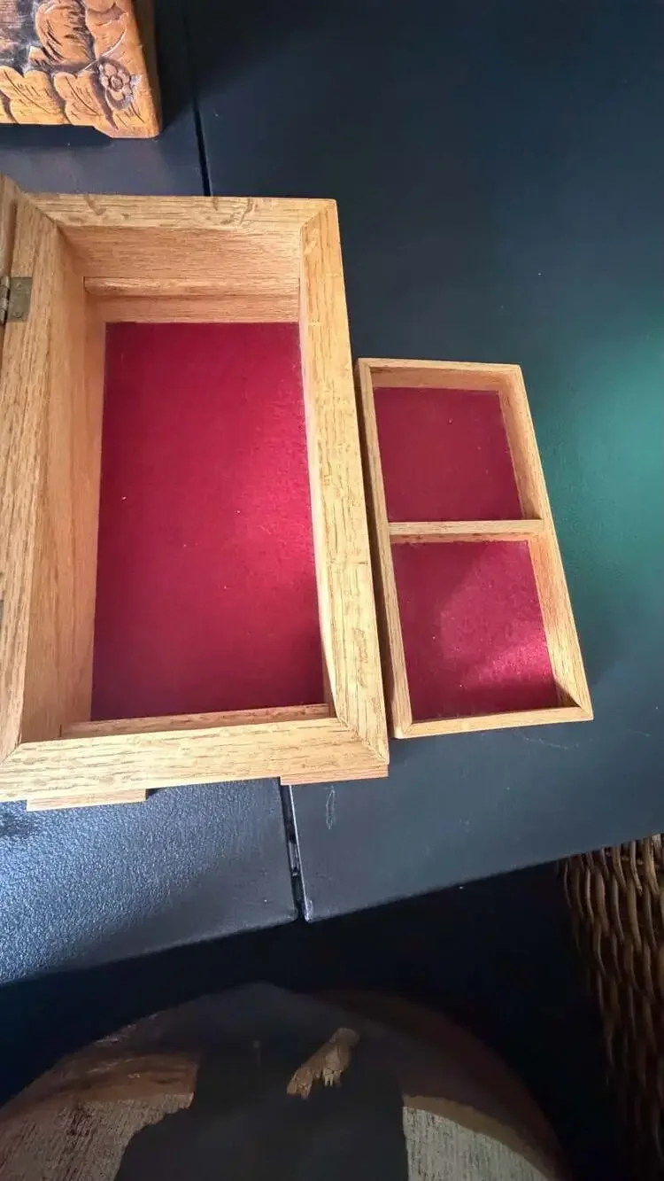 Vintage Wooden Jewelry Box with Rose Carving and Red Velvet Lining